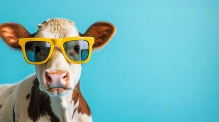 A cow stands confidently against a bright blue background, sporting oversized yellow sunglasses that add a playful charm to its expression