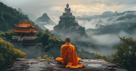 A monk meditates in front of the Buddha statue, with misty mountains and green forests behind him. The huge Buddha sits on top of a rock wall. Generative AI.