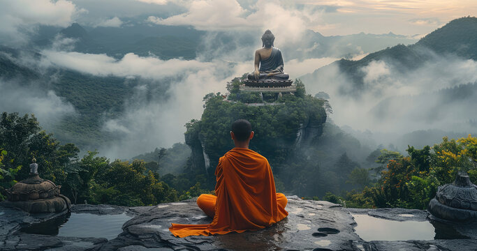 A monk meditates in front of the Buddha statue, with misty mountains and green forests behind him. The huge Buddha sits on top of a rock wall. Generative AI.