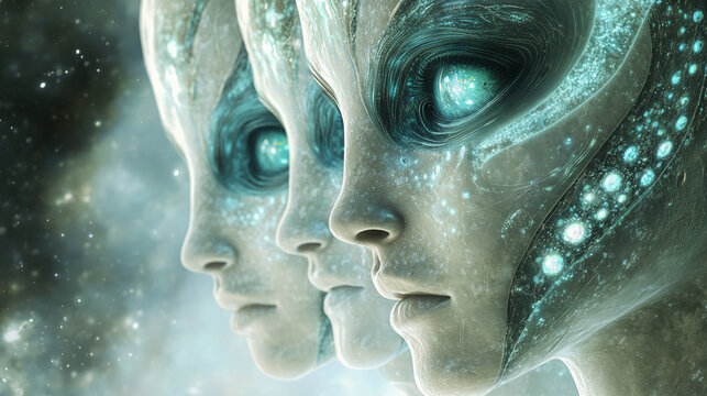 A captivating close-up of a alien with piercing silver eyes. This otherworldly being sparks curiosity about the possibilities of alien life and intelligence.
