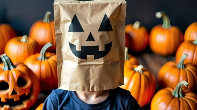 Halloween-Themed Scene Featuring a Person with a Paper Bag Mask and Multiple Carved Pumpkins