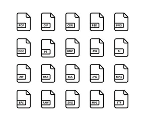 File format icon set. File type icon set. Format and extension of documents. Document format file icon, vector illustration