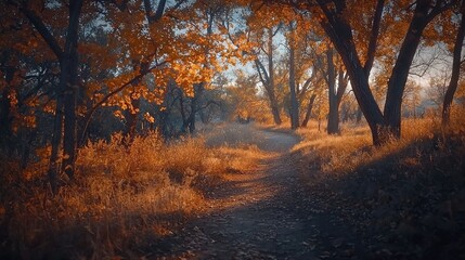 Fototapeta premium A dirt path surrounded by trees with yellow leaves and grass on either side in a forest setting