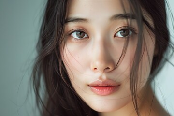 Fototapeta premium A woman with long dark hair and brown eyes, generative ai image