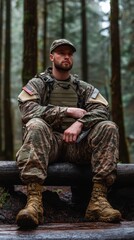 Fototapeta premium a man in camouflage is sitting on a bench in the woods