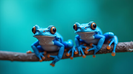 Two Blue Frogs Perched on a Branch