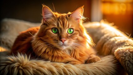 Vibrant red cat with bright green eyes and fluffy fur lounges on a cozy cushion, surrounded by soft