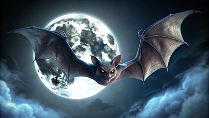 Close-Up of a Halloween Bat Flying Against the Full Moon Creating an Eerie Atmosphere for Halloween Celebrations