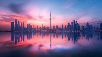 Stunning sunset over Dubai skyline reflecting on water. Modern buildings shine brightly in warm colors with Burj Khalifa prominent.