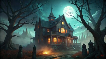 Spooky Halloween Haunted House with Glowing Windows for Festive Decorations and Celebrations
