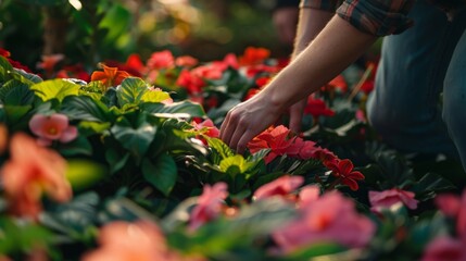 Exploring Colorful Flowers: A Person Caring for Blooming Plants in a Garden
