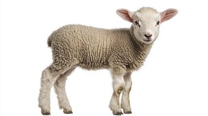 Standing alone on a white backdrop, the small and fluffy lamb showcases its gentle expression, embodying innocence and the beauty of farm life, radiating warmth and charm.
