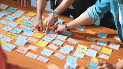 Close up of developer team using mind map to brainstorm idea. Top view of skilled group of business...
