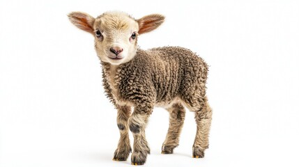 small, wooly lamb stands proudly, its gentle expression and fluffy body captivating hearts. The bright white background accentuates its charming features, symbolizing purity.