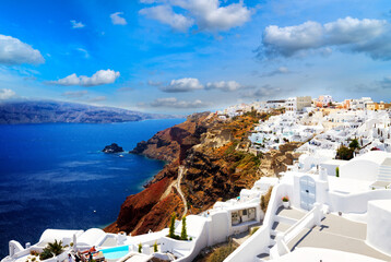 Oia, traditional greek village and Aegan sea waters, Santorini, Greece, retro toned