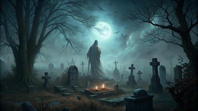 Eerie Ghostly Figure Hovering Over an Old Grave Perfect For Halloween Themes and Spooky Decor