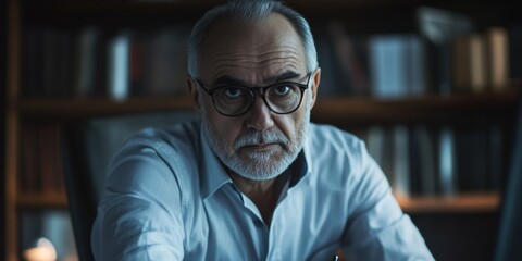 Fototapeta premium A serious older man with glasses stares intently at the camera. He wears a light blue shirt and is surrounded by books. This image captures wisdom and contemplation. AI