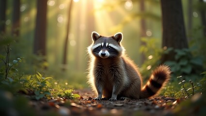 Fototapeta premium Raccoon dog in forest with fluffy fur bushy tail and sunlight filtering through canopy