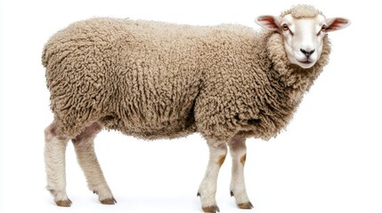 merino sheep stands gracefully, showcasing its luxurious, thick wool coat that exudes softness and warmth. The bright background accentuates its unique features.