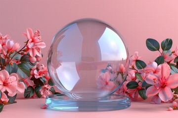 A clear glass sphere sits on a pink background with pink flowers