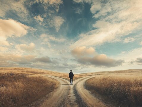 A person standing at a fork in the road, contemplating which path to take, fork in road, decision-making