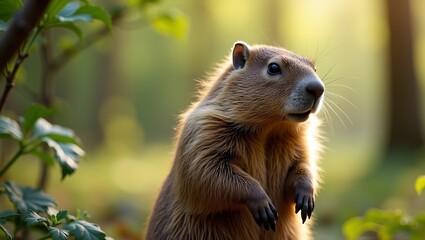 Obraz premium Closeup of a groundhog standing upright in a forest with sunlit leaves