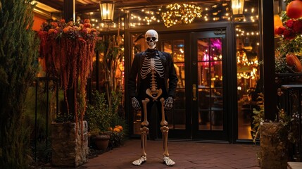 Obraz premium A skeleton figure stands outside a warmly lit venue adorned with festive decorations.