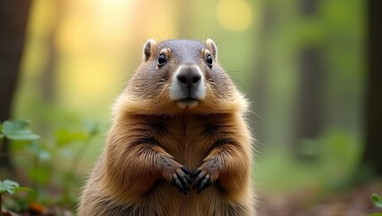 Closeup of a groundhog standing upright in a forest with sunlit leaves