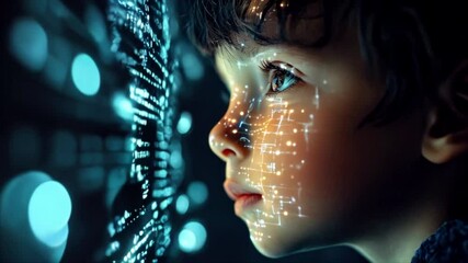 Little boy with digital code data overlay, cyberspace and information technology of the future. Ai education and cybersecurity - Powered by Adobe