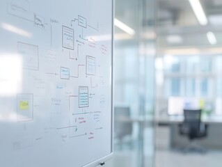 Process analysis with flowcharts and diagrams on a whiteboard in a corporate setting, process analysis, workflow efficiency