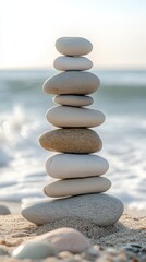 Stacked pebbles on sandy beach with ocean waves, tranquility and balance concept