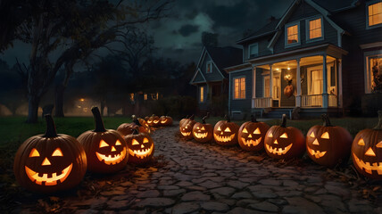 A festive Halloween night with glowing jack-o'-lanterns lining a stone pathway in a suburban neighborhood