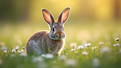 Obraz premium Beautiful baby rabbit in wildflowers at sunset with soft fur and large ears blurred meadow backdrop
