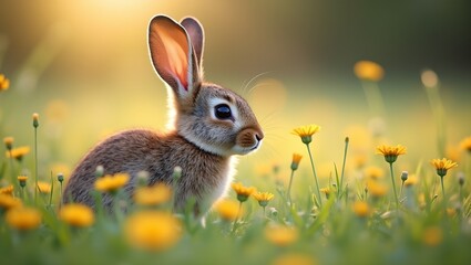 Fototapeta premium Beautiful baby rabbit in wildflowers at sunset with soft fur and large ears blurred meadow backdrop