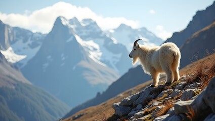 Naklejka premium Majestic mountain goat on rocky slope fur blowing snowy peaks in background