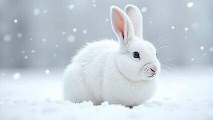 Obraz premium Beautiful arctic hare in snow with falling snowflakes