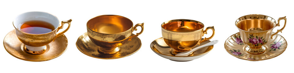 Antique Tea Cup with sauce set isolated on white and transparent background 