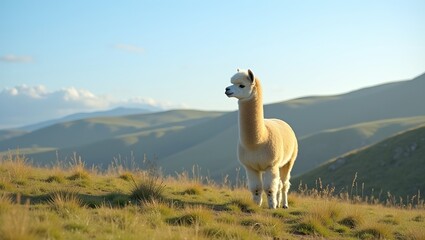 Fototapeta premium Majestic alpaca on grassy hill blue sky rolling hills