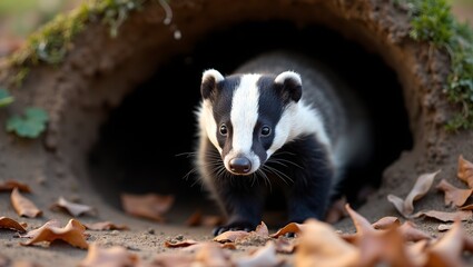 Fototapeta premium European badger peeking from burrow in soft evening light black and white face markings visible
