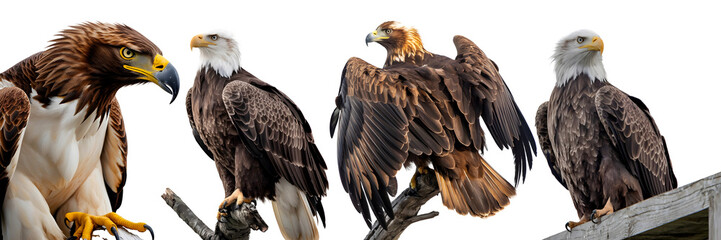 Bald eagle falcon flying on white and transparent  background