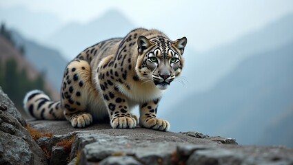 Fototapeta premium Majestic snow leopard on rocky ledge green eyes intense misty mountain backdrop