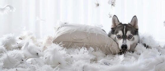 Siberian dog tearing up a pillow in the living room, playful and mischievous, feathers everywhere, isolated white background