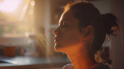 A woman in profile enjoying warm sunlight in a peaceful kitchen setting. She finds calmness in the gentle glow of morning light.