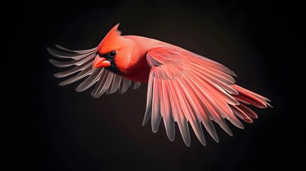 Obraz premium Northern Cardinal Bird Flying on Black Background, Photo Realistic, Wallpaper, Cover and Screen for Smartphone, PC, Laptop, 9:16 and 16:9 Format