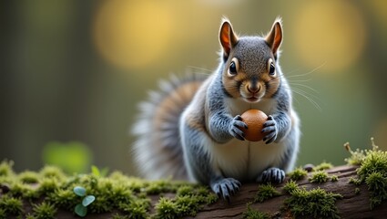 Obraz premium Fluffy gray squirrel with nut on mossy log in forest