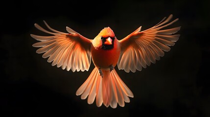 Obraz premium Northern Cardinal Bird Flying on Black Background, Photo Realistic, Wallpaper, Cover and Screen for Smartphone, PC, Laptop, 9:16 and 16:9 Format