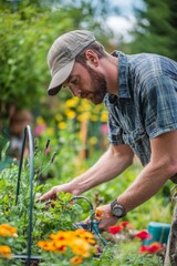 Fototapeta premium Man Designing Water Saving Irrigation System in Thriving Garden with Hoses and Timers