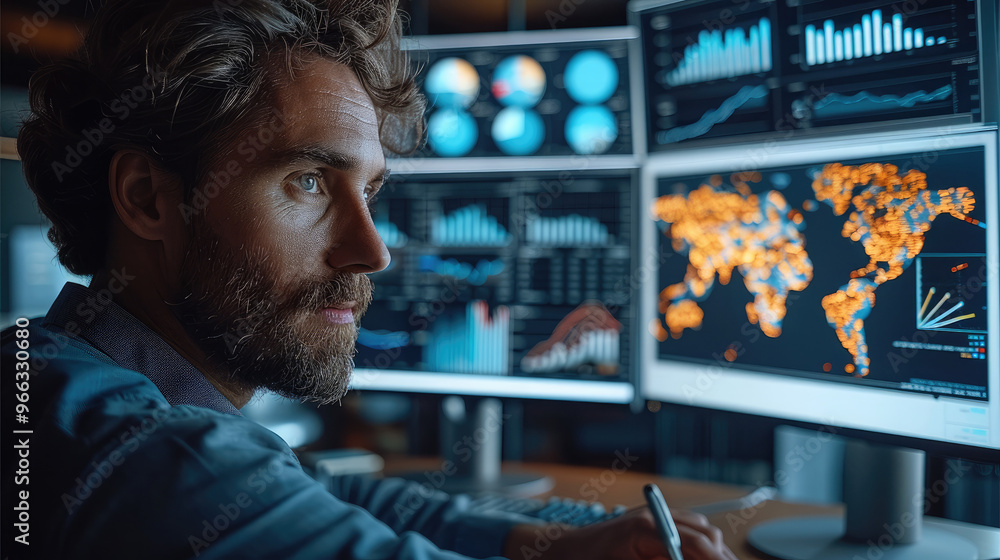 Aufkleber a traditional e-commerce product manager analyzing global market trends on multiple screens in a mod