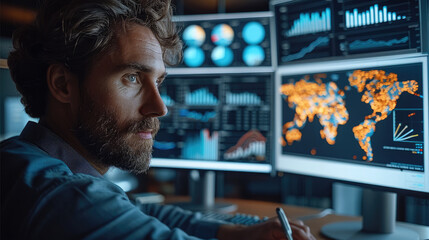 A traditional e-commerce product manager analyzing global market trends on multiple screens in a modern office environment. Generative AI.