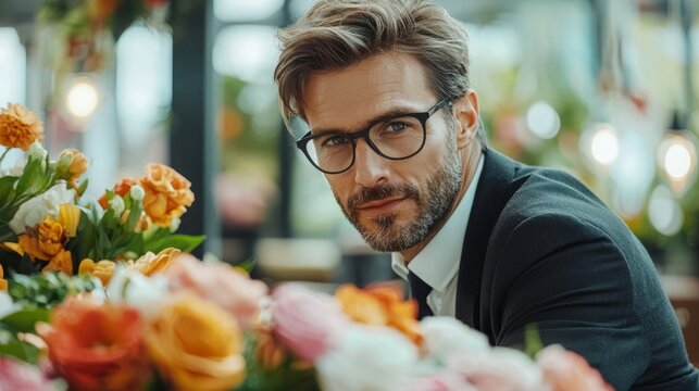 Boss's Day Celebration in Office with Table Decorated with Blooming Flowers and Festive Atmosphere